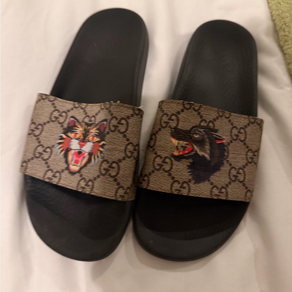 Gucci Brown and Black Animal Motif Slides